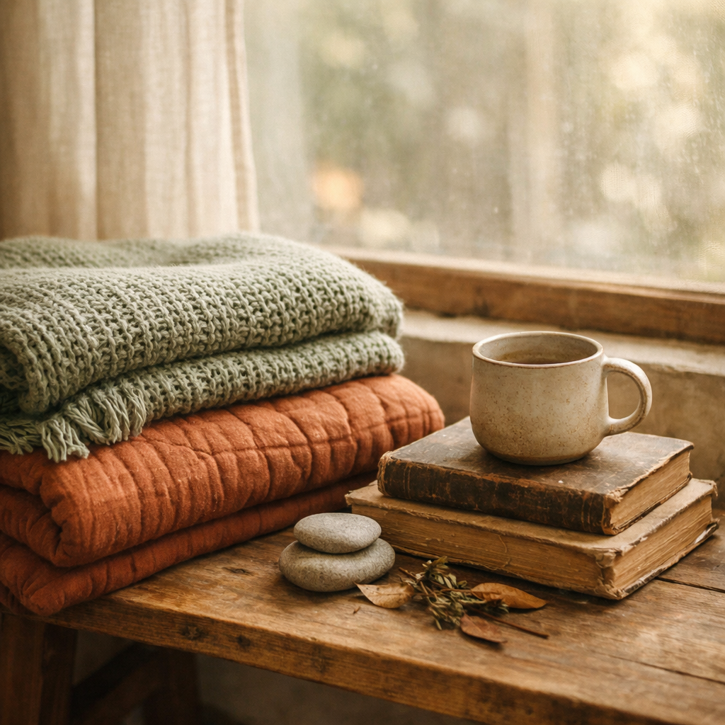 A neatly layered stack of folded blankets on a bare wooden bench beside a low window, quilted cotton in dusty terracotta beneath an open-weave sage knit, a stack of two worn books and a ceramic cup nearby, warm morning light through a sheer linen curtain