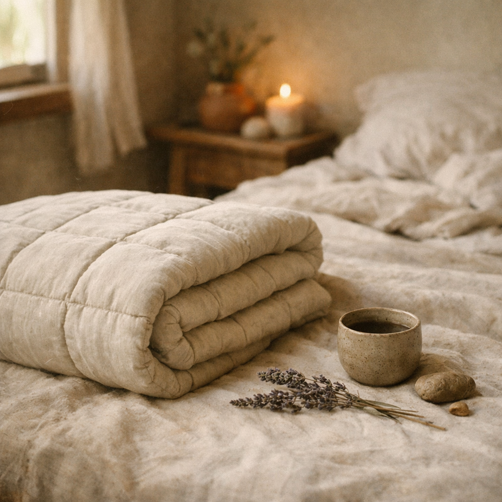 A close-up of a folded quilted cotton weighted blanket in warm bone resting at the foot of an unmade linen bed, a sprig of dried lavender and a small ceramic cup on the sheet beside it, soft low evening light from a single window