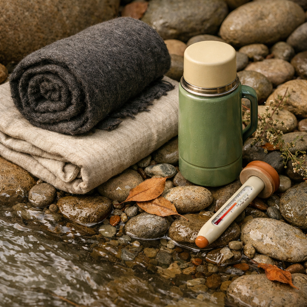An overhead view of a folded oatmeal linen towel and a rolled charcoal wool blanket on smooth wet river stones at a creek edge, a sage enamel thermos and a simple floating thermometer beside them, cold clear water running at the frame's edge under soft overcast light