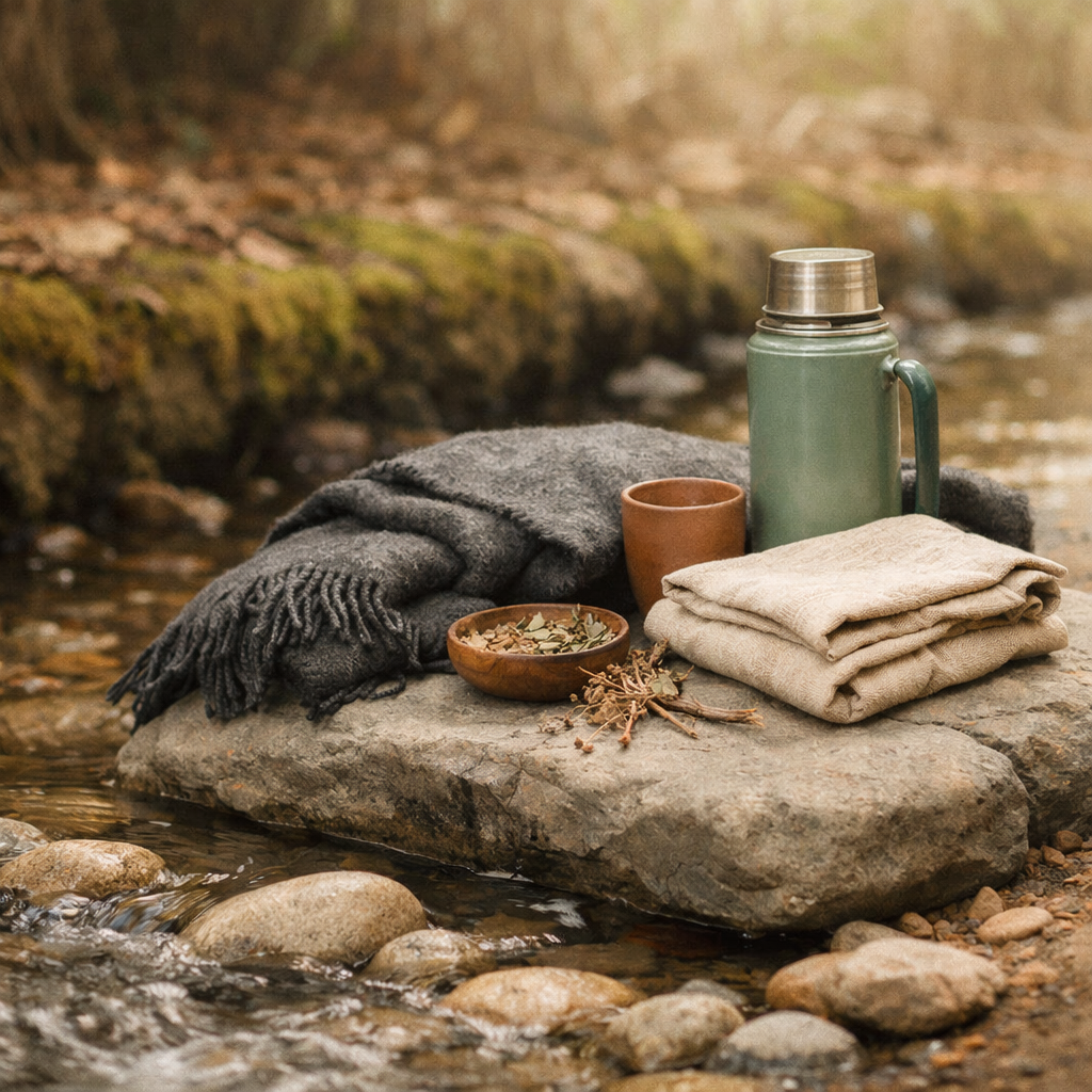 A bare stretch of moss-edged creek bank under overcast light, a charcoal wool blanket and a folded oatmeal towel laid over a flat grey boulder beside a sage enamel thermos, cold clear water moving over pale stones in the foreground