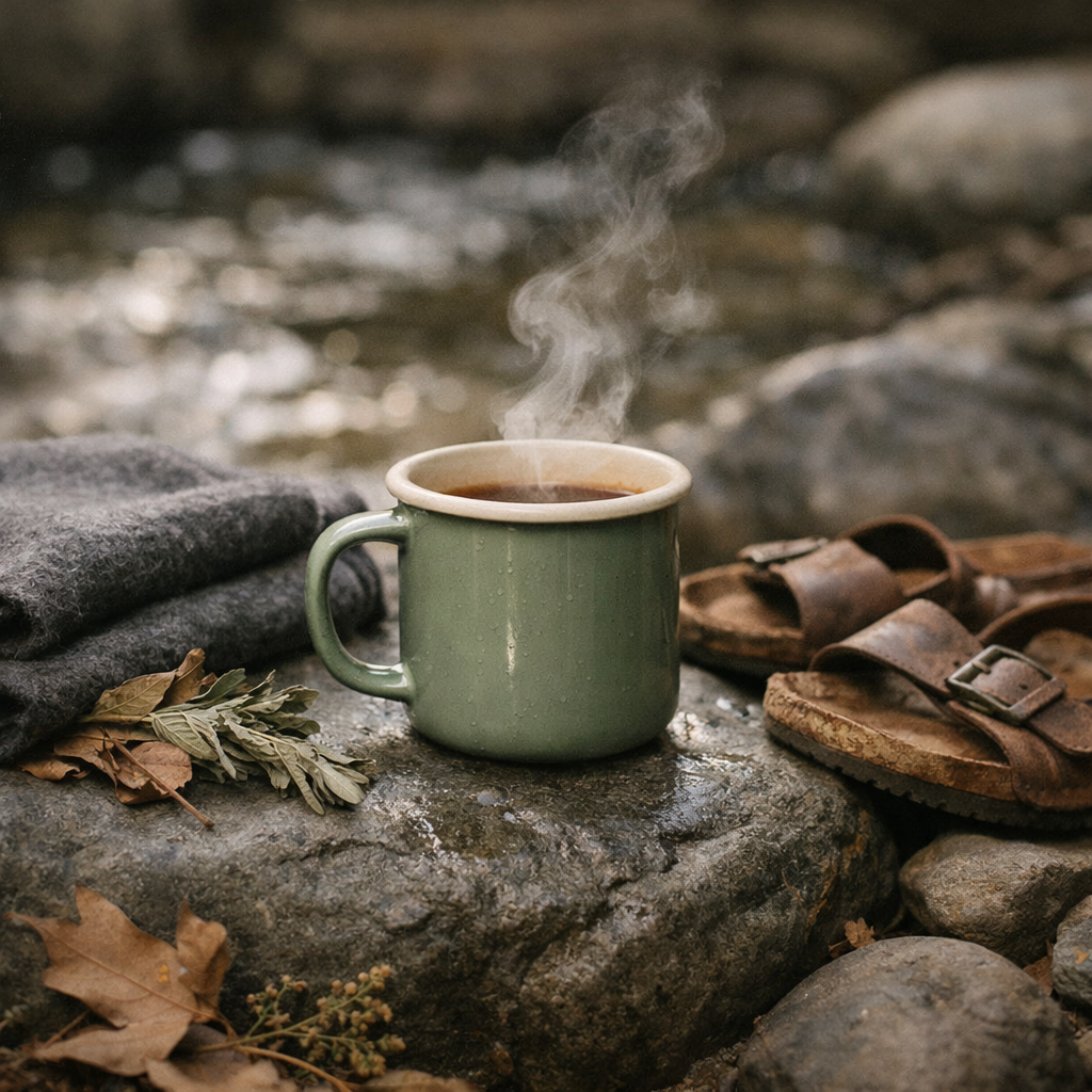 A close-up of a sage enamel thermos cup steaming on a wet grey boulder beside a folded charcoal wool blanket and a pair of worn leather sandals, the blurred cold shine of moving creek water behind, soft diffused light
