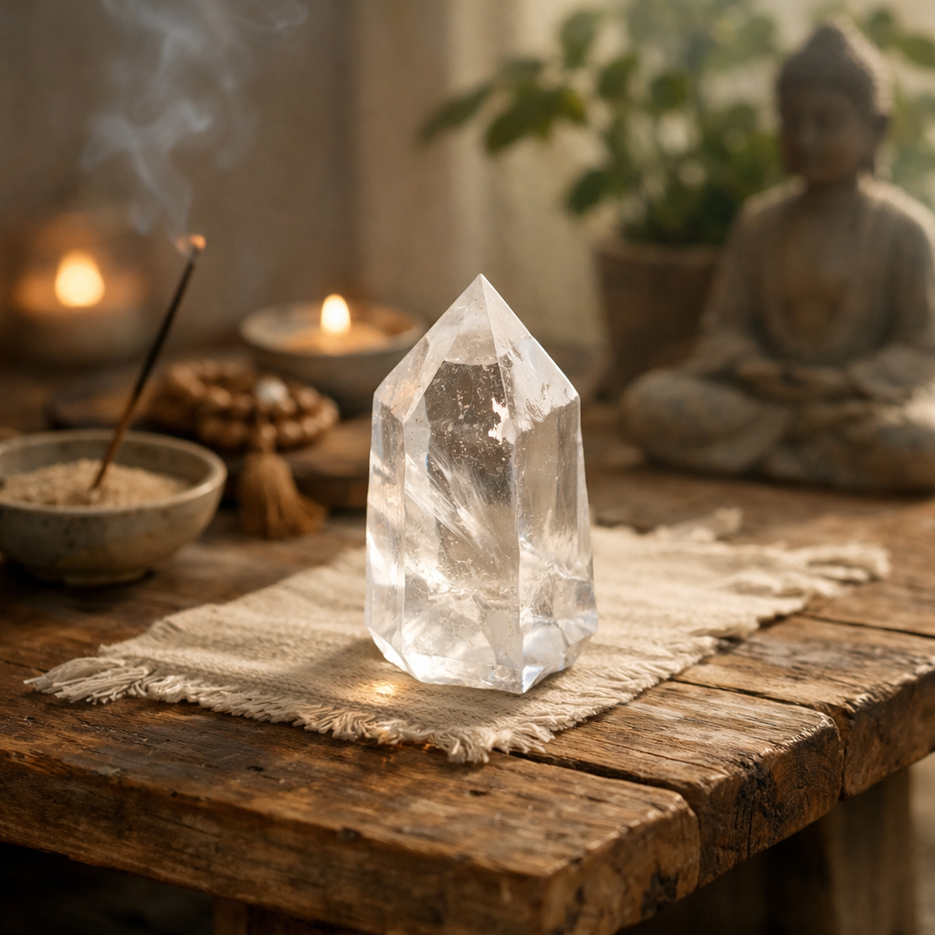 A clear quartz crystal on a wooden meditation table