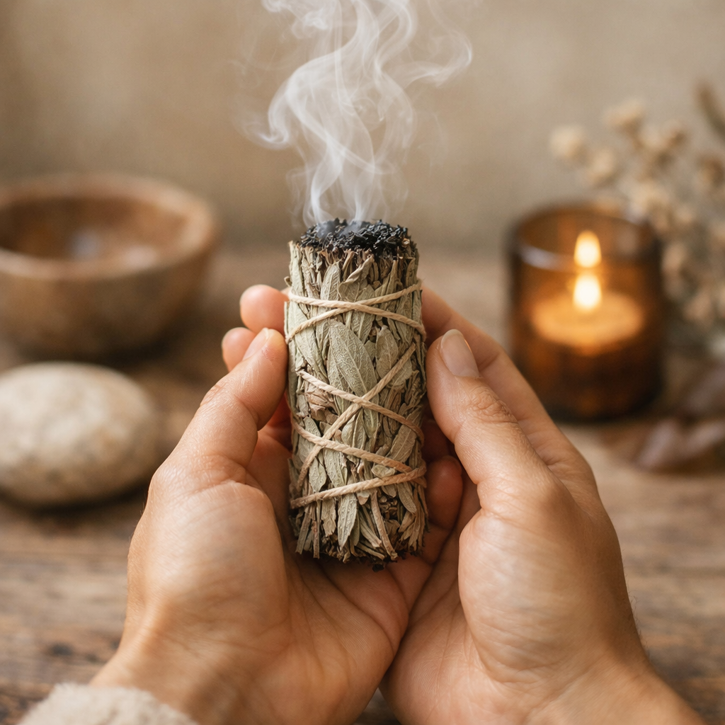Hands holding a sage bundle with smoke rising