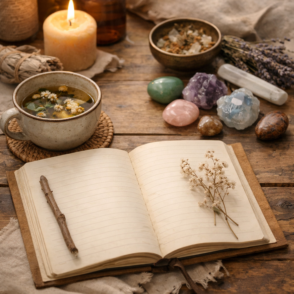 An open journal with herbal tea and healing stones